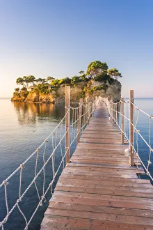 Hanging wooden bridge over the sea leading to Cameo Island, Agios Sostis, Zakynthos