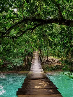 Hanging Prints: Hanging wooden bridge over Xanil River, Arroyo Agua Azul, Chiapas State, Mexico