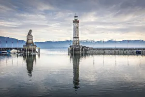 Swabia Prints: Harbor entrance with Bavarian lion and lighthouse, Lindau on Lake Constance, Swabia