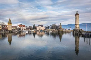 Swabia Prints: Harbor with Mangturm and lighthouse, Lindau on Lake Constance, Swabia, Bavaria, Germany