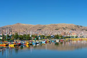Nautical Vessels Prints: Harbor with tourist paddle boats at Lake Titicaca, Puno, Puno Province, Puno Region, Peru