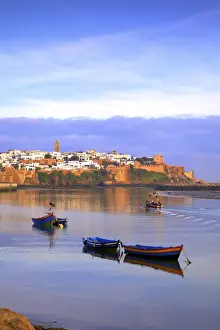 Harbour and Fishing Boats with Oudaia Kasbah and Coastline in Background, Rabat, Morocco