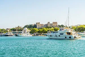 Harbour, looking towards the Medieval City of Rhodes, UNESCO, Rhodes, Dodecanese Islands, Greece