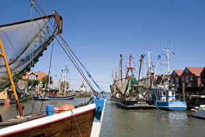 Shrimp Cutter Prints: Harbour and shrimp cutter, Neuharlingersiel, East Friesland, Lower Saxony, Germany
