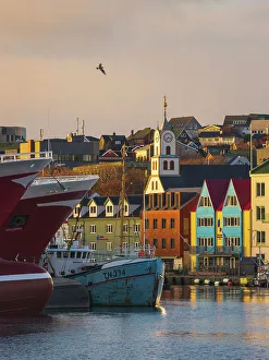 The harbour in Torshavn at sunset. Island of Streymoy, Faroe Islands