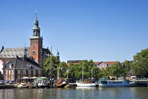 Harbour and town hall, Leer, East Friesland, Lower Saxony, Germany