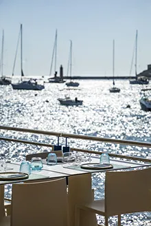 Port Dandratx Prints: Harbourside restaurant, Port d Andratx, Mallorca, Balearic Islands, Spain