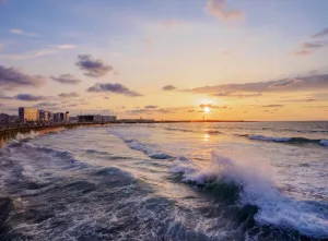Casablanca Prints: The Hassan II Mosque Promenade and coastline at sunset, Casablanca
