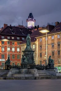 Graz Prints: Hauptplatz and Schlossberg clock tower in the background, Graz, Styria, Austria