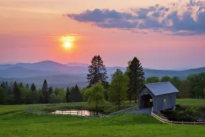 Timber Prints: Hazy sunset over the A.M. Foster Bridge, Green Mountains, Cabot, Vermont, USA