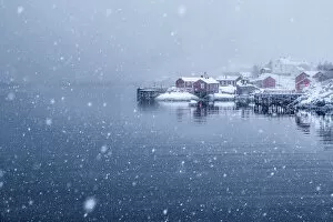 Snowfall Collection: Heavy snowfall on the little village of Nusfjord. Lofoten islands. Norway