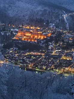 Jan Christopher Becke Prints: Heidelberg castle and old town in winter seen from Heiligenberg mountain