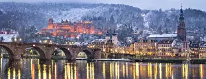 Jan Christopher Becke Prints: Heidelberg castle in winter with the Old Bridge and Church of the Holy Spirit along
