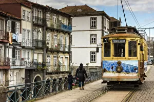 Heritage tram in Ribeira district, Porto, Portugal