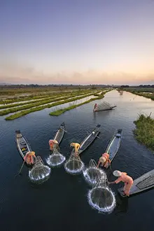 High angle of five traditional fishermen fishing together using conical nets, Lake Inle