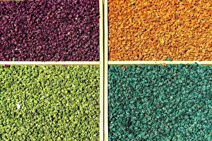 Shop Prints: High angle view of colorful flowers in storage compartments drying in the souks of medina
