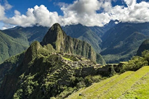 High angle view of historic Incan Machu Picchu on mountain in Andes, Cuzco Region, Peru