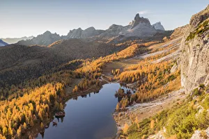 High angle view of lake Federa, Cortina d Ampezzo, Belluno district, Veneto, Italy