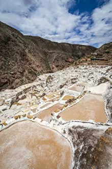 High angle view of Maras salt marsh terraces, Salinas de Maras, Cuzco Region, Peru