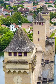 Cahors Prints: High angle view of medieval Pont Valentra bridge over the Lot River and town of Cahors