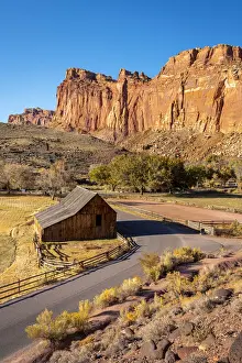Historical Landmark Prints: High angle view of road passing by historic Gifford or Fruita Barn, Fruita