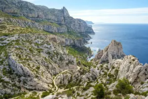 High angle view of rugged Mediterranean landscape at Calanque de Sugiton, Parc National