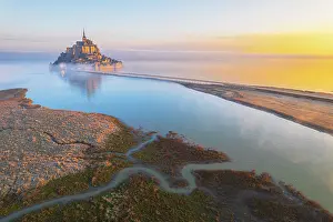 English Channel Prints: High tide surrounds Mont Saint-Michel at sunrise