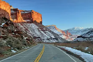 Canyons Prints: Highway 128 and red rock formations with snow near sunset in winter