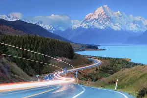 Majestic Prints: Highway running aong Pukaki lake and leading to Mount Cook (Aoraki), Canterbury