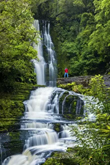 Cascade Collection: Hiker at McLean Falls, The Catlins, New Zealand