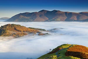 Moody Collection: Hiker Overlooking Low Cloud From Catbells, Lake District National Park, Cumbria, England