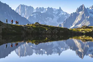 Trekker Prints: Hikers at Lac des Cheserys in Chamonix Valley, Chamonix Mont Blanc, Haute-Savoie, France