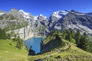 Paths Prints: Hikers around Lake Oeschinensee Bernese Oberland Kandersteg Canton of Bern Switzerland