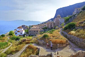 Two Hikers on Monemvasia, Laconia, The Peloponnese, Greece, Southern Europe