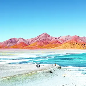 Off Road Prints: Two hikers on the shore of Laguna Diamante, Puna, Catamarca, Argentina