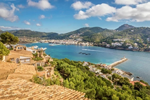 Hillside Prints: Hillside villas overlooking the bay of Port d`Andratx, Mallorca, Balearic Islands, Spain