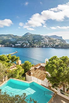 Hillside Prints: Hillside villas overlooking the bay of Port d`Andratx, Mallorca, Balearic Islands, Spain