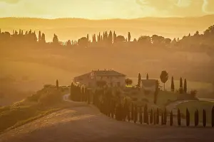 Asciano Prints: Hilltop farmhouse at sunset, Asciano, Crete senesi, Tuscany, Italy