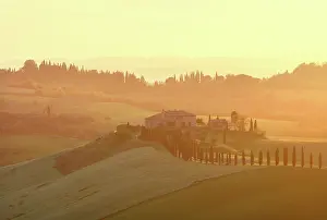 Q2 2025 Prints: Hilltop farmhouse at sunset, Asciano, Crete senesi, Tuscany, Italy