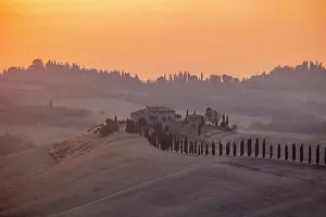 Asciano Prints: Hilltop farmhouse at sunset, Asciano, Crete senesi, Tuscany, Italy