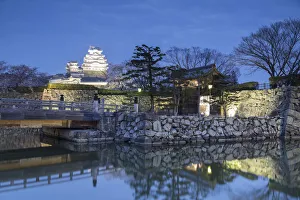 Himeji Castle (UNESCO World Heritage site) at dusk, Himeji, Kansai, Honshu, Japan