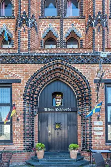 Market Square Prints: Historic Alter Schwede inn on the market square in the old town of Wismar