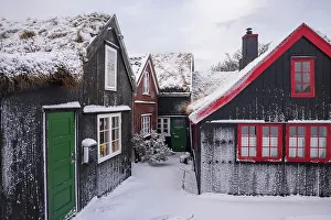 The historic area Reyn in Torshavn covered by snow. Island of Streymoy. Faroe Islands