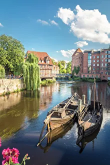 Hanseatic League Prints: Historic barges at the old harbour on the Ilmenau