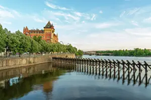 Ceska Republika Prints: Historic Bellevue building and wooden icebreaker on Vltava river