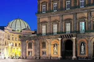 Historic Building Prints: Historic buildings and entrance of Galleria Umberto I at blue hour