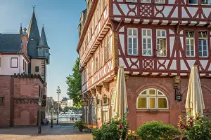 Frankfurt Prints: Historic half-timbered house Bertheym between river Main and Romer square