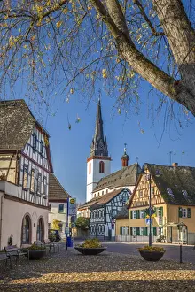 Historic half-timbered houses in the wine village of Hattenheim, Rheingau, Hesse, Germany