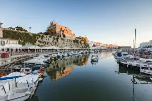 Images Dated 9th April 2019: Historic harbour waterfront and town hall at sunset, Ciutadella, Menorca, Balearic