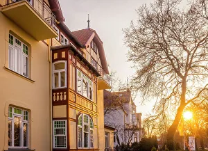 Winter Evening Prints: Historic hotel on the promenade of Kuehlungsborn
